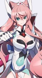  &gt;:) breasts choco_(chocovix112) cleavage closed_mouth covered_navel female gloves green_eyes grey_background hair_between_eyes highres leotard long_hair looking_at_viewer maria_cadenzavna_eve medium_breasts pink_hair senki_zesshou_symphogear simple_background smile solo v-shaped_eyebrows very_long_hair white_gloves white_leotard 