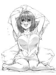  arms_up barefoot blush breasts collarbone female full_body go-toubun_no_hanayome greyscale highres holding holding_pillow knees_together_feet_apart large_breasts medium_hair monochrome nakano_yotsuba open_mouth panties pillow shirt sitting solo t-shirt thighs underwear wariza yu_(flowerbird3830) 