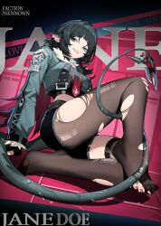  aqua_eyes black_hair character_name commentary_request cropped_jacket female grey_jacket grin highres jacket jane_doe_(zenless_zone_zero) kongtoulaotou long_sleeves looking_at_viewer medium_hair midriff pantyhose smile solo tail thighs torn_clothes torn_pantyhose zenless_zone_zero 