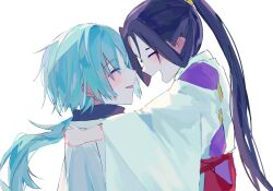  2boys :d black_hair blue_hair blush closed_eyes couple forehead-to-forehead fubuki_(nige_jouzu_no_wakagimi) hair_over_one_eye hakama hand_on_another&#039;s_shoulder happy heads_together high_collar highres houjou_tokiyuki_(nige_jouzu_no_wakagimi) j96s5k japanese_clothes kariginu long_hair long_sleeves low_ponytail male_focus multiple_boys nige_jouzu_no_wakagimi open_mouth parted_bangs ponytail red_hakama sidelocks_tied_back simple_background smile very_long_hair white_background wide_sleeves yaoi 