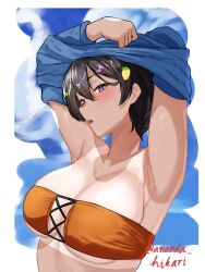  alternate_breast_size ananda_hikari armpits arms_up bikini black_hair blush breasts collarbone dark-skinned_female dark_skin female food-themed_hair_ornament hair_ornament highres large_breasts lemon_hair_ornament make_heroine_ga_oo_sugiru! open_mouth orange_bikini purple_eyes short_hair solo strapless strapless_bikini swimsuit tan tanlines twitter_username undressing upper_body yakishio_remon 