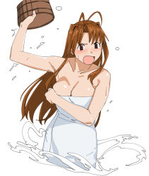  antenna_hair basin breasts brown_eyes cleavage cowboy_shot female long_hair looking_at_viewer love_hina medium_breasts naked_towel narusegawa_naru ojipon open_mouth simple_background solo throwing towel water white_background 