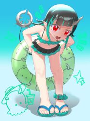  alternate_costume asymmetrical_horns bikini black_hair blue_bikini blue_footwear blue_hair blunt_bangs blush buren commentary_request demon_girl demon_horns demon_tail female flat_chest frilled_bikini frills full_body gradient_background green_innertube grey_horns highres holding holding_swim_ring horns leaning_forward long_hair looking_at_viewer medium_bangs multicolored_hair nanashi_inc. oerba_yun_fang open_mouth pointy_ears red_eyes sandals shishio_chris smile solo standing swim_ring swimsuit tail two-tone_hair virtual_youtuber white_background 