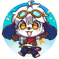  adventurer ambiguous_gender bandana canid canine canis chibi domestic_dog fur gear hi_res icon kerchief mammal qooz_(artist) solo weapon white_body white_fur 