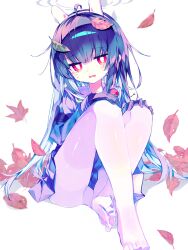  absurdres ahoge animal_ears autumn_leaves blue_archive blue_hair blue_serafuku commentary falling_leaves female grey_halo hairband halo hands_on_own_knees highres leaf leaf_on_head leg_focus long_hair meto_(metrin) miyu_(blue_archive) nervous pantyhose rabbit_ears rabbit_platoon_(blue_archive) red_eyes school_uniform serafuku spread_toes symbol-only_commentary tears thighs toes white_background white_pantyhose 