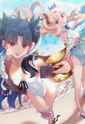  2girls aora bare_shoulders beach black_hair blonde_hair blue_sky bow breasts chalice cleavage covered_navel cup earrings ereshkigal_(fate) fate/grand_order fate_(series) food fur-trimmed_legwear fur_trim grey_one-piece_swimsuit hair_ribbon hairband hairbow highres holy_grail_(fate) hood hooded_jacket hoop_earrings ishtar_(fate) ishtar_(swimsuit_rider)_(fate) jacket jewelry long_hair long_sleeves looking_at_viewer medium_breasts multiple_girls o-ring one-piece_swimsuit parted_bangs pink_jacket pink_thighhighs red_eyes ribbon shaved_ice shore single_thighhigh sky smile space_ereshkigal_(fate) space_ereshkigal_(first_ascension)_(fate) spoon swimsuit thighhighs tiara tongue tongue_out two-tone_swimsuit two_side_up white_one-piece_swimsuit 