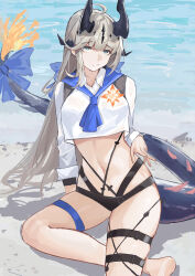  absurdres ahoge arknights ascot beach bikini black_bikini blue_ascot blue_bow blue_sailor_collar bow closed_mouth commentary_request cropped_shirt dragon_girl dragon_horns dragon_tail female flame-tipped_tail flower foot_out_of_frame grey_hair highres horns long_hair long_sleeves looking_at_viewer navel official_alternate_costume orange_flower reed_(arknights) reed_the_flame_shadow_(arknights) reed_the_flame_shadow_(summer_flowers)_(arknights) sailor_collar shirt solo swimsuit tail tail_bow tail_ornament thigh_strap very_long_hair water white_shirt yuanqi_(chriu) 