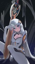  absurdres blue_eyes bodysuit breasts cleavage closed_mouth commentary_request female greatsword hair_between_eyes hair_down hair_ornament highres honkai_(series) honkai_impact_3rd kiana_kaslana kiana_kaslana_(white_comet) long_hair long_sleeves looking_to_the_side night night_sky sitting sky smile solo star_(symbol) star_hair_ornament sword very_long_hair weapon white_bodysuit white_hair yonna3 