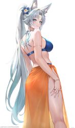  animal_ears aqua_eyes ass back back_tattoo bikini blue_bikini blue_flower blush breasts closed_mouth commentary english_commentary extra_ears feixiao_(honkai:_star_rail) female flower forehead_jewel fox_ears fox_girl from_behind grey_hair hair_flower hair_ornament halterneck hand_on_own_thigh highres honkai:_star_rail honkai_(series) jewelry kneepits large_breasts long_hair looking_at_viewer multiple_rings narijade orange_sarong paid_reward_available ring sarong simple_background smile solo standing swimsuit tattoo thumb_ring variant_set white_background 