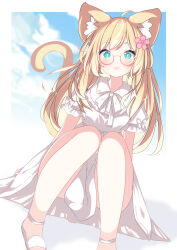  :d animal_ear_fluff animal_ears blonde_hair blue_eyes blue_sky blush bow cat_ears cat_girl cat_tail cloud collared_dress commentary_request commission copyright_request daidai_ookami day dress female flower frilled_sleeves frills glasses hair_flower hair_ornament highres knees_together_feet_apart knees_up long_hair looking_at_viewer pink_flower pixiv_commission puffy_short_sleeves puffy_sleeves red-framed_eyewear round_eyewear sandals short_sleeves sky smile solo tail very_long_hair virtual_youtuber white_bow white_dress white_footwear 