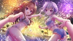  2girls :d aerial_fireworks ahoge ass beach beach_umbrella bikini bikini_shorts blue_eyes bow breasts brown_hair chair cleavage closed_mouth dot_nose film_grain fireworks game_cg grey_hair hair_intakes hair_ribbon hairbow holding_another&#039;s_wrist holding_hands horizon ichijou_ruka izumi_tsubasu long_hair looking_at_viewer lounge_chair medium_breasts multiple_girls night night_sky non-web_source ocean official_art open_mouth outdoors outstretched_arm palm_tree pov pov_hands purple_eyes re:stage! red_bow red_ribbon ribbon shikimiya_aone short_hair_with_long_locks shorts sky smile splashing swimsuit tree twisted_torso umbrella wading white_bikini 