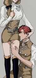  1boy amikoiiko biting_another&#039;s_clothes black_bow blonde_hair boots bow breasts brown_skirt female fire_emblem fire_emblem:_three_houses hairbow head_out_of_frame high-waist_skirt highres knee_boots long_hair mercedes_von_martritz red_hair short_hair skirt sylvain_jose_gautier thigh_grab 