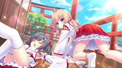  2girls :t ahoge all_fours architecture ass aunt_and_niece black_hair blue_eyes blue_sky breasts cleaning closed_eyes cloud day dot_nose dutch_angle east_asian_architecture film_grain frilled_skirt frills game_cg hair_ornament holding_rag itsumura_haruka itsumura_yukari izumi_tsubasu kosode lens_flare light_brown_hair long_hair looking_at_another low_twintails lying medium_breasts medium_hair multiple_girls new_year non-web_source nontraditional_miko official_art on_back open_mouth outdoors outstretched_arms pout railing re:stage! red_skirt shrine skirt sky socks sparkle sunlight thighhighs twintails white_socks white_thighhighs wooden_floor 