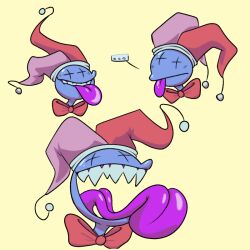  blue_skin bowtie clown clown_costume clown_girl facial_expressions humanoid jester_hat labba&rsquo;s_secret_circus labba_the_clown labbatheclown non-human original_character pink_clothing pink_thighhighs pink_tongue reference_sheet sharp_teeth simple_background tongue_out unusual_eyes 