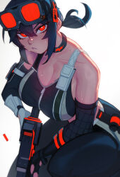  arm_pouch asymmetrical_gloves backlighting bare_shoulders black_hair breasts bright_pupils casing_ejection choker elbow_gloves eyebrows_hidden_by_hair female floating_hair gloves goggles goggles_on_head grace_howard hair_between_eyes highres holding holding_weapon large_breasts long_hair looking_at_viewer low_ponytail mismatched_gloves pants parted_lips ponytail pouch qtori red_eyes serious shell_casing simple_background solo sports_bra sweat weapon white_background white_pupils zenless_zone_zero zipper zipper_pull_tab zipper_top 