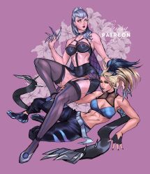  2girls absurdres akali black_hair black_pants black_skirt black_thighhighs blonde_hair breasts cleavage demon_girl evelynn_(league_of_legends) garter_straps highres jewelry k/da_all_out_akali k/da_all_out_evelynn large_breasts league_of_legends multiple_girls pants ponytail skirt sleinyeswownc thighhighs white_hair 