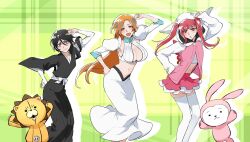  3girls :d animal_ear_hood animal_ears arm_up arm_warmers bare_shoulders black_hair black_hakama black_kimono bleach bleach:_sennen_kessen-hen blush breasts brown_eyes carnival_phantasm cleavage closed_mouth commentary_request dancing detached_sleeves dokugamine_riruka drop_shadow eyelashes fake_animal_ears feet_out_of_frame frown green_background hair_ornament hakama hand_on_own_hip happy highres hood hood_up inoue_orihime japanese_clothes juliet_sleeves kimono kon_(bleach) korean_commentary kuchiki_rukia large_breasts long_hair long_skirt long_sleeves looking_at_viewer losloslaus miniskirt multiple_girls navel open_mouth orange_hair parody parted_bangs pink_skirt puffy_sleeves purple_eyes rabbit_ears red_eyes red_hair short_hair simple_background skirt sleeves_past_wrists smile standing star_(symbol) star_hair_ornament stuffed_animal stuffed_lion stuffed_rabbit stuffed_toy super_affection thighhighs tsurime twintails very_long_hair white_arm_warmers white_skirt white_thighhighs wide_sleeves zettai_ryouiki 