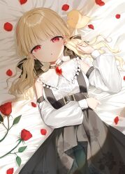  :o absurdres bed_sheet bird black_skirt blonde_hair blunt_bangs blush commentary_request detached_sleeves female floral_print flower gem highres ineka_ka kogara_toto long_hair long_sleeves looking_at_viewer lupinus_virtual_games lying on_back open_mouth petals print_skirt puffy_long_sleeves puffy_sleeves red_eyes red_flower red_gemstone red_rose rose shirt skirt sleeveless sleeveless_shirt solo suspender_skirt suspenders twintails virtual_youtuber vspo! white_shirt white_sleeves 