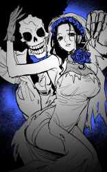  1boy a_dzu_(hnm_knm_04) absurdres afro blue_background brook_(one_piece) commentary_request dress female flower flower_wreath gloves greyscale_with_colored_background highres holding holding_flower jewelry long_dress long_hair looking_at_viewer necklace nico_robin one_piece parted_lips pearl_necklace rose side_slit skeleton turtleneck turtleneck_dress 