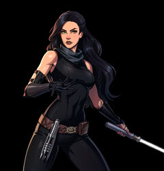  asymmetrical_gloves belt belt_pouch birdyraider black_background black_bodysuit black_gloves black_hair bodysuit breasts brown_belt darth_revan energy_sword female genderswap_(mtf) gloves green_eyes heterochromia highres holding_lightsaber jedi lightsaber long_hair looking_at_viewer medium_breasts nose_piercing orange_eyes piercing pouch rule_63 simple_background sleeveless sleeveless_bodysuit solo star_wars star_wars:_knights_of_the_old_republic sword weapon white_lightsaber 