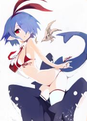  bare_shoulders bikini blue_hair breasts commentary_request demon_girl detached_wings disgaea eyelashes female fins fish_tail hair_over_one_eye hair_ribbon hairband highres kakuwashi looking_at_viewer makai_senki_disgaea navel pleinair pointy_ears red_bikini red_eyes ribbon shark short_hair simple_background slit_pupils small_breasts solo stuffed_animal stuffed_shark stuffed_toy swimsuit tail white_background wings 