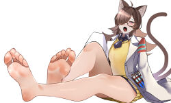  absurdres agnes_tachyon_(umamusume) ahoge alternate_animal_ears animal_ears barefoot bespectacled black-framed_eyewear black_necktie black_shirt breasts brown_hair chemical_structure coat collared_shirt commentary_request commission crossed_legs earrings empty_eyes feet female foot_focus full_body glasses high_heels highres holding jewelry jitome_no_tsugumi lab_coat legs looking_at_viewer messy_hair necktie no_shoes open_clothes open_coat red_eyes semi-rimless_eyewear shirt shoes short_hair simple_background single_earring skeb_commission sleeves_past_fingers sleeves_past_wrists smile soles sweater sweater_vest toes umamusume under-rim_eyewear white_background yellow_sweater 