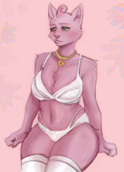  2024 anthro bojack_horseman bra breasts cleavage clothed clothing domestic_cat felid feline felis female front_view frown fur green_eyes hi_res jewelry legwear mammal necklace neryupmum netflix panties pink_body pink_fur portrait princess_carolyn sitting solo thigh_highs three-quarter_portrait underwear underwear_only white_bra white_clothing white_panties white_underwear 