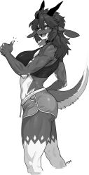  2024 anthro big_breasts bottomwear breasts chabett clothing collar crop_top dolphin_shorts dragon female fur furred_dragon furred_scalie gesture hair hand_gesture hi_res horn monochrome muscular mythological_creature mythological_scalie mythology open_mouth pgm300 scalie shirt shorts side_boob solo thumbs_up topwear wingless_dragon 