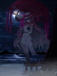  baobhan_sith_(fate) baobhan_sith_(third_ascension)_(fate) bikini black_bikini breasts discat dress facial_mark fate/grand_order fate_(series) female full_body grey_eyes hat highres long_hair looking_at_viewer moon night night_sky outdoors pink_hair pink_umbrella pointy_ears see-through see-through_dress sidelocks sky solo swimsuit torn_clothes torn_dress umbrella white_dress white_hat 