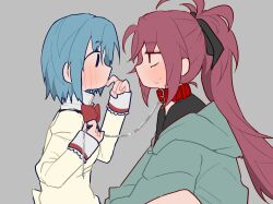  2girls absurdres blue_hair blush bow bowtie chain_leash chains collar commentary eye_contact from_above hand_up highres holding holding_leash jacket jitome leash long_hair long_sleeves looking_at_another mahou_shoujo_madoka_magica mahou_shoujo_madoka_magica_(anime) medium_hair miki_sayaka mitakihara_school_uniform multiple_girls off_shoulder ponytail profile rabbit11201206 red_hair sakura_kyoko school_uniform sleeve_cuffs sweat symbol-only_commentary yuri 