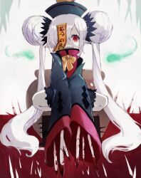  blood claws disgaea double_bun female hair_bun hair_over_one_eye hat highres jiangshi kakuwashi long_hair looking_at_viewer makai_senki_disgaea_7 ofuda open_mouth pointy_ears qingdai_guanmao red_eyes sharp_teeth smile solo squatting teeth twintails very_long_hair white_hair wide_sleeves zombie_maiden_(disgaea) 