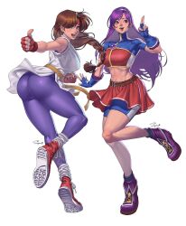  2girls asamiya_athena ass blue_shirt braid breasts brown_eyes brown_hair dougi fingerless_gloves gloves highres long_hair martial_arts_belt multiple_girls one_eye_closed pants purple_eyes purple_hair purple_pants red_skirt shirt skirt superbull the_king_of_fighters the_king_of_fighters_2002 yuri_sakazaki 