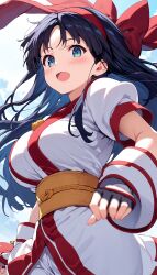  1girls ai_generated big_breasts black_hair blue_eyes breasts busty female female_only fingerless_gloves hair_ribbon highres king_of_fighters large_breasts legs long_hair looking_at_viewer nakoruru open_mouth pants parted_lips ribbon samurai_shodown smile snk solo thighs voluptuous 