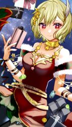  absurdres blonde_hair breasts brown_dress citrinne_(fire_emblem) cleavage dress feather_hair_ornament feathers female fire_emblem fire_emblem_engage gift gold_choker gold_trim hair_ornament hairband highres holding holding_gift leather_wrist_straps looking_at_viewer medium_breasts mu_tu_bu red_eyes solo two-tone_hairband upper_body wing_hair_ornament 