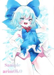  absurdres ahoge arim0k0 artist_name blue_bow blue_dress blue_hair blue_one-piece_swimsuit blush bow breasts cirno commentary covered_navel detached_wings dress female hairbow hand_in_own_hair hand_on_own_hip highres ice ice_wings looking_at_viewer marker_(medium) one-piece_swimsuit open_mouth sample_watermark short_hair simple_background small_breasts solo swimsuit teeth touhou traditional_media upper_teeth_only v-shaped_eyebrows watermark white_background wings 