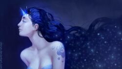  2017 absurd_res black_tiara blue_background blue_clothing blue_eyebrows blue_eyeshadow blue_hair blue_horn blue_topwear breasts chirun circle_eyebrows cleavage clothed clothing collarbone colored crown cutie_mark digital_media_(artwork) digital_painting_(artwork) ear_piercing eyebrows eyelashes eyeshadow female flowing_hair friendship_is_magic hair hasbro headgear hi_res horn horned_humanoid humanoid light lighting lips long_hair makeup my_little_pony not_furry piercing princess princess_luna_(mlp) royalty shaded side_view simple_background solo sparkles starry_hair text tiara topwear unicorn_horn url white_body white_lips white_skin winged_unicorn_humanoid 