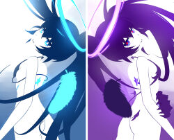  2girls 32zzz armored_gloves ass black_bra black_hair black_rock_shooter black_rock_shooter_(character) blue_eyes bra breasts feathers halo highres insane_black_rock_shooter long_hair looking_at_viewer multiple_girls nude red_pupils small_breasts star_tattoo symmetry tattoo twintails underwear uneven_twintails 