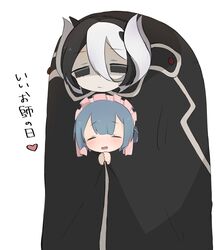  1boy black_eyes black_hair blue_hair closed_eyes female highres hunchback made_in_abyss maid_headdress maruruk multicolored_hair ozen translated two-tone_hair uis0 white_hair 