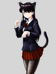  animal_ears black_eyes black_hair black_pantyhose blazer blue_jacket blush bow bowtie breasts cat_ears cat_nose cat_tail commentary_request female grey_background itan_private_high_school_uniform jacket komi-san_wa_komyushou_desu komi_shouko kutsuda_miru large_breasts long_hair pantyhose paw_pose red_skirt school_uniform skirt solo tail tsurime 