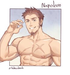  1boy abs absurdres bara blue_eyes blush brown_hair cigar collaboration collarbone cropped_torso cross_scar facial_hair fate/grand_order fate_(series) goatee highres holmy_(holmesdmode) kerogi_haku large_pectorals long_sideburns male_focus mature_male muscular muscular_male napoleon_bonaparte_(fate) nipples nude pectorals recolored scar scar_on_chest short_hair sideburns smile solo upper_body 