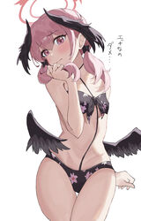  absurdres bikini black_bikini black_bow black_wings blue_archive bow commentary female flat_chest front-tie_bikini_top front-tie_top hair_between_eyes hairbow halo head_wings higashiwun_izumi highres koharu_(blue_archive) looking_at_viewer low_wings medium_hair official_alternate_costume pink_eyes pink_hair red_halo simple_background solo swimsuit thigh_gap translated twintails white_background wings 