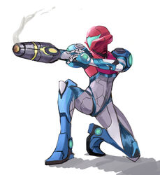  arm_cannon armor assault_visor blue_visor commentary english_commentary female glowing gun helmet highres metroid metroid_dread power_armor power_suit power_suit_(metroid) saiykik samus_aran science_fiction simple_background solo upper_body weapon white_background 