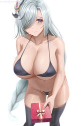  abpart alternate_costume aqua_eyes arm_under_breasts bikini black_bikini black_thighhighs blush box box_of_chocolates braid breasts cleavage closed_mouth collarbone female genshin_impact giving grey_hair hair_ornament highres large_breasts long_hair looking_at_viewer low-braided_long_hair low-tied_long_hair navel patreon_username shenhe_(genshin_impact) sideboob simple_background smile solo stomach swimsuit thighhighs thighs underboob white_background 