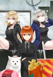  3girls absurdres ahoge animal artoria_pendragon_(fate) ayamu_(igakato) blonde_hair bread breasts bug building butterfly canine cavall_the_2nd coat dress eyebrows_hidden_by_hair fate/grand_order fate_(series) food french_fries fujimaru_ritsuka_(female) fujimaru_ritsuka_(female)_(royal_brand) grey_hair hair_between_eyes highres hood hooded_jacket hoodie in_mouth indoors jacket jeanne_d&#039;arc_alter_(fate) jeanne_d&#039;arc_alter_(ver._shinjuku_1999)_(fate) jewelry long_hair looking_at_viewer multiple_girls necklace necktie night night_sky official_alternate_costume open_mouth orange_eyes orange_hair pants ponytail saber_alter saber_alter_(ver._shinjuku_1999)_(fate) samoyed_(dog) shirt short_hair shorts sitting sky yellow_eyes 