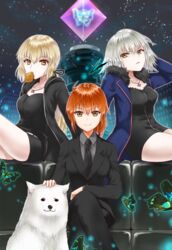  3girls absurdres ahoge animal artoria_pendragon_(fate) ayamu_(igakato) blonde_hair bread breasts bug building butterfly canine cavall_the_2nd coat dress eyebrows_hidden_by_hair fate/grand_order fate_(series) food fujimaru_ritsuka_(female) fujimaru_ritsuka_(female)_(royal_brand) grey_hair hair_between_eyes highres hood hooded_jacket hoodie in_mouth jacket jeanne_d&#039;arc_alter_(fate) jeanne_d&#039;arc_alter_(ver._shinjuku_1999)_(fate) jewelry long_hair looking_at_viewer multiple_girls necklace necktie night night_sky official_alternate_costume open_mouth orange_eyes orange_hair pants ponytail saber_alter saber_alter_(ver._shinjuku_1999)_(fate) samoyed_(dog) shirt short_hair shorts sitting sky yellow_eyes 