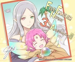  2girls anniversary blush_stickers closed_eyes closed_mouth company_name copyright_name facial_mark fae_(fire_emblem) feh_(fire_emblem_heroes) fire_emblem fire_emblem:_the_binding_blade fire_emblem_heroes forehead_mark green_eyes heterochromia holding idunn_(fire_emblem) long_hair multiple_girls official_art open_mouth orb palm_tree pointy_ears purple_hair red_eyes short_hair signature tree wings yamada_koutarou 