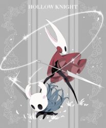  1other arizuka_(catacombe) ass cloak copyright_name female fighting_stance full_body grey_background highres holding holding_weapon hollow_eyes hollow_knight hornet_(hollow_knight) horns knight_(hollow_knight) mask nail_(hollow_knight) needle_(hollow_knight) red_cloak sharpened_nail_(hollow_knight) sparkle standing sword two-tone_background weapon 