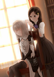  2girls ascot atelier_(series) atelier_escha_&amp;_logy backlighting braiding_hair brown_hair chair closed_eyes commentary dutch_angle grey_hair hair_ornament hairdressing highres indoors jerrysue lace-trimmed_legwear lace_trim linca_(atelier) linca_(eighth)_(atelier) marion_quinn multiple_girls sitting thighhighs window 