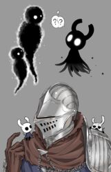  1boy 2others ? arizuka_(catacombe) armor brown_gloves brown_scarf chains commentary dark_souls_(series) dark_souls_i ghost gloves glowing glowing_eyes grey_background hand_up helm helmet highres hollow_knight humanity_(dark_souls) knight_(hollow_knight) knight_of_astora_oscar life_ender_(hollow_knight) looking_at_another multiple_others nail_(hollow_knight) scarf shade_(hollow_knight) sharpened_nail_(hollow_knight) shoulder_plates size_difference spoken_question_mark sweatdrop upper_body weapon white_eyes zote 