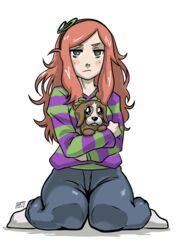  4chan animal animal_hug bags_under_eyes blush canine colored_stripes denim female freckles full_body green_eyes hair_ornament hairband highres infinity_symbol jeans kukuruyo long_hair orange_hair pants puppy signature sitting socks solo striped sweater sweatpants vivian_james wariza 